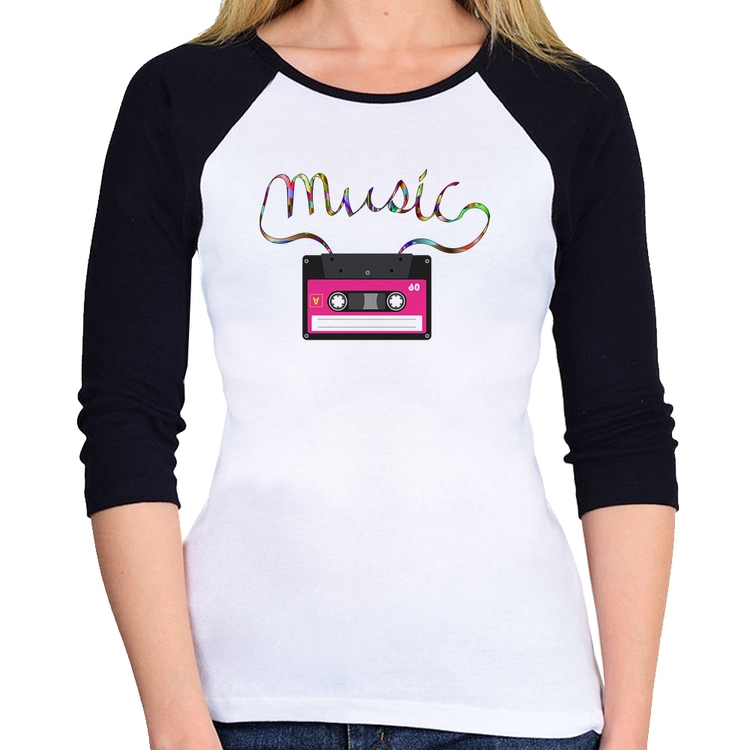 Baby Look Raglan Music Cassete Retrô Manga 3/4