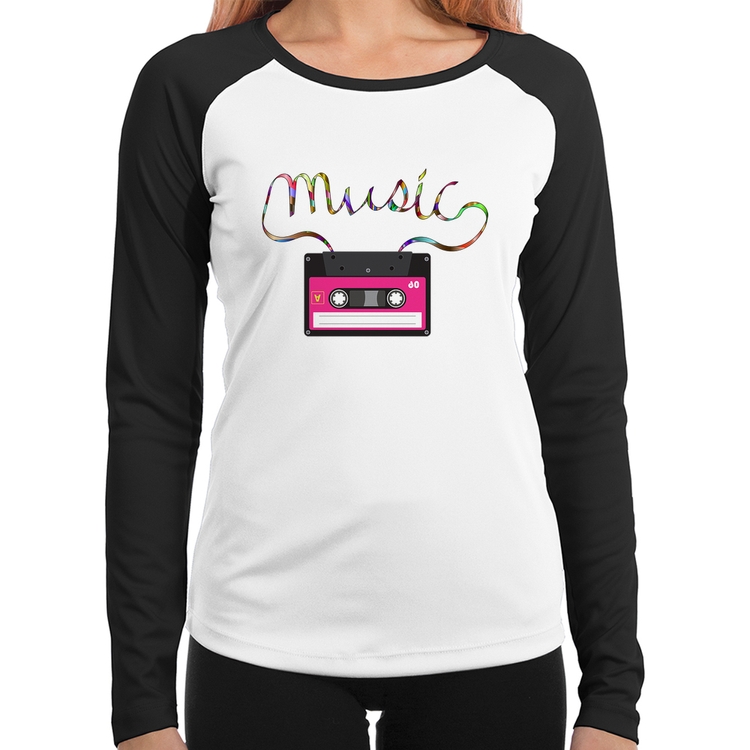 Baby Look Raglan Music Cassete Retrô Manga Longa