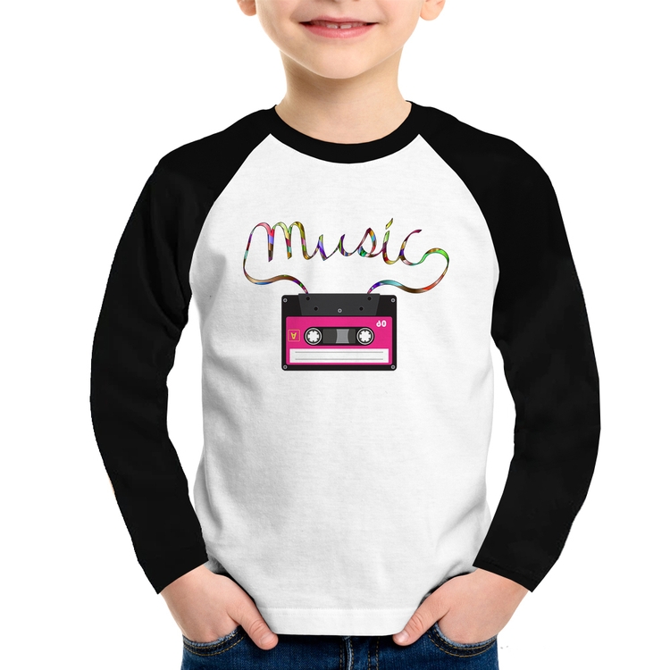 Camiseta Raglan Infantil Music Cassete Retrô Manga Longa