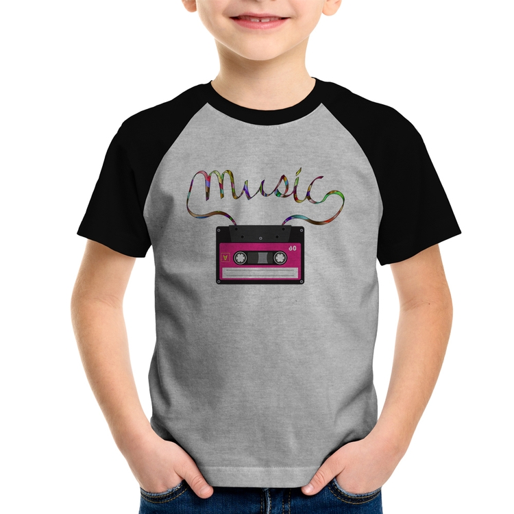 Camiseta Raglan Infantil Music Cassete Retrô - Cinza/Preto