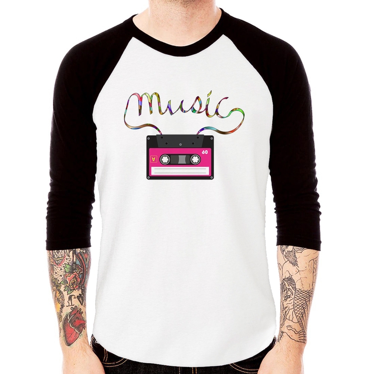 Camiseta Raglan Music Cassete Retrô Manga 3/4