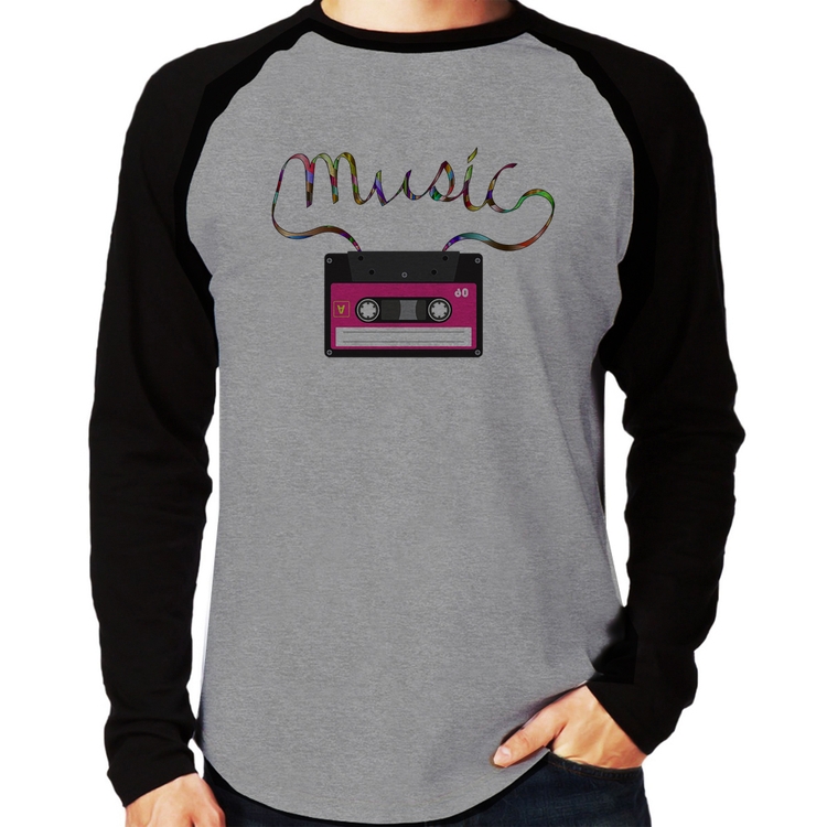 Camiseta Raglan Music Cassete Retrô Manga Longa - Cinza/Preto
