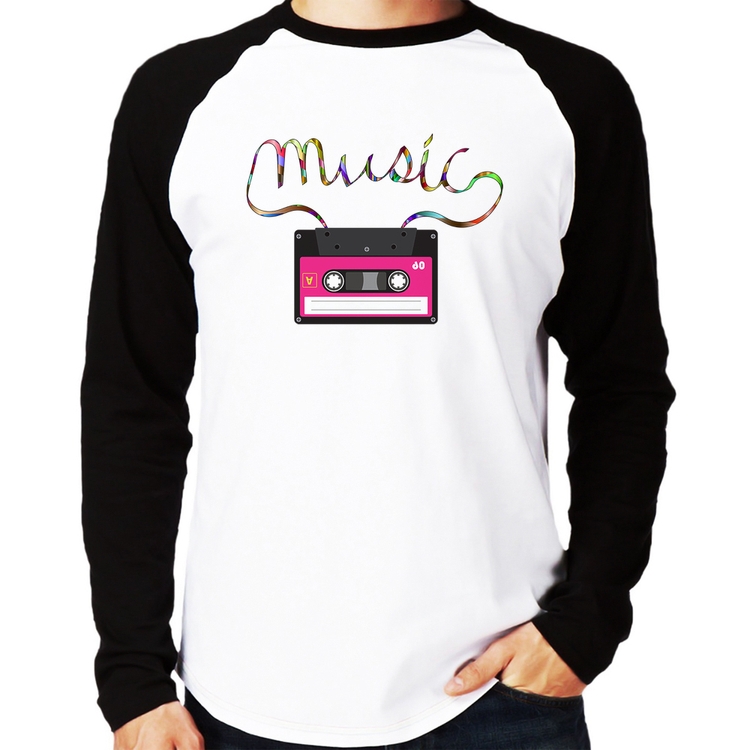 Camiseta Raglan Music Cassete Retrô Manga Longa