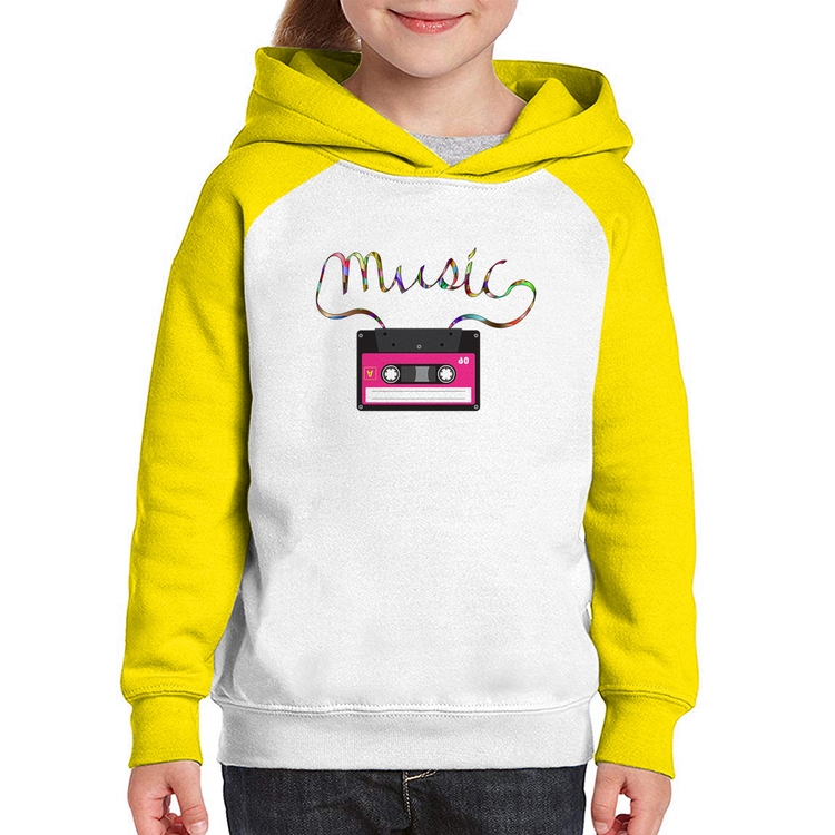 Moletom Infantil Music Cassete Retrô - Branco/Amarelo