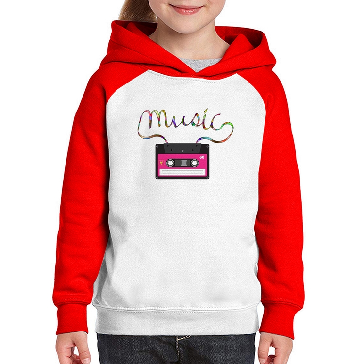Moletom Infantil Music Cassete Retrô - Branco/Vermelho