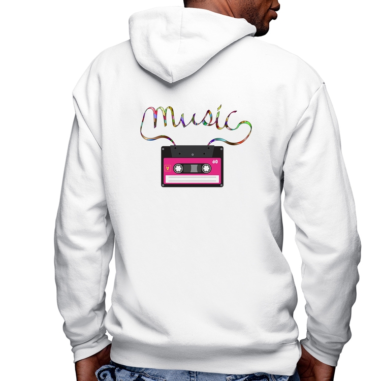 Blusa Moletom Music Cassete Retrô Masculina com Capuz e Zíper - Branca