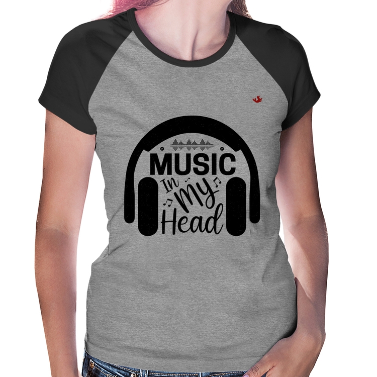 Baby Look Raglan Music in my head - Cinza/Preto