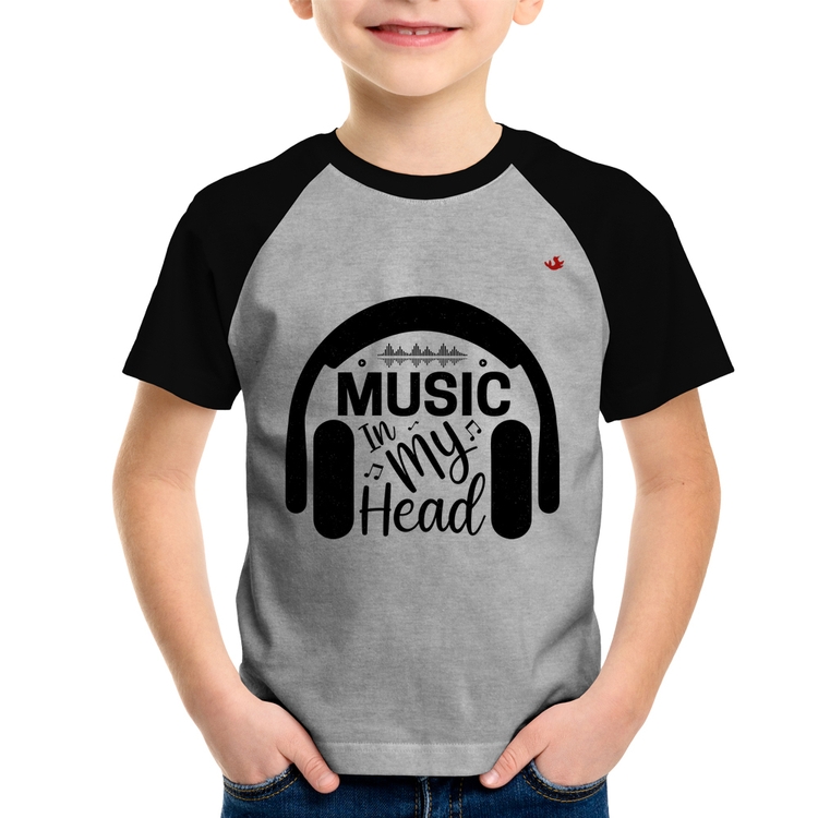 Camiseta Raglan Infantil Music in my head - Cinza/Preto