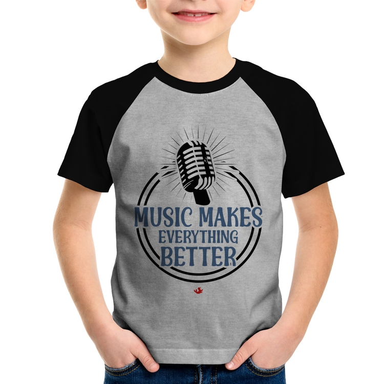 Camiseta Raglan Infantil Music makes everything better - Cinza/Preto