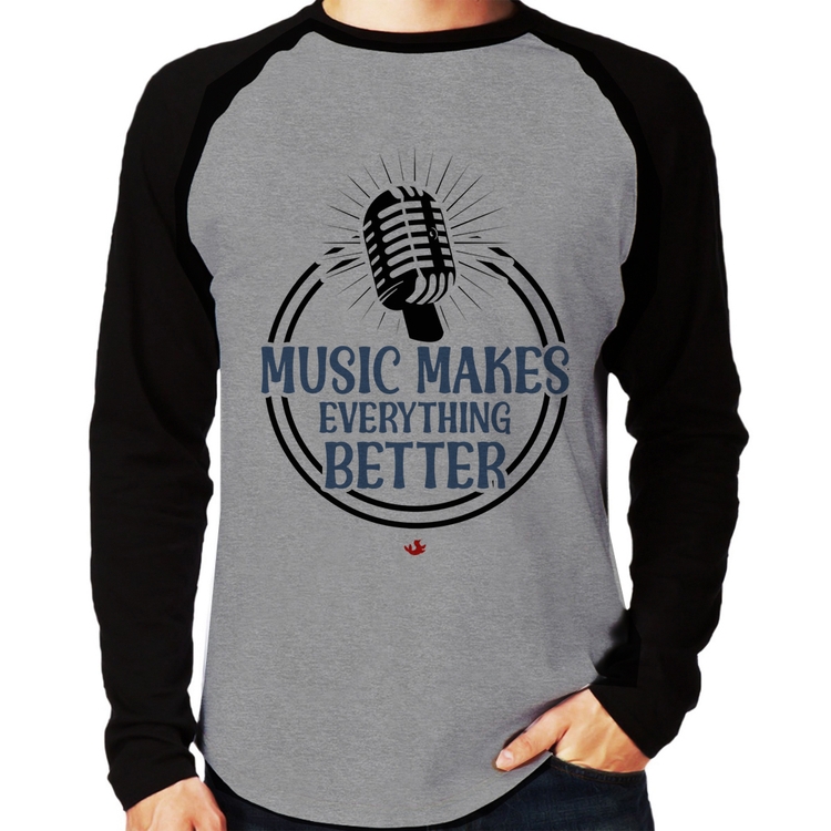 Camiseta Raglan Music makes everything better Manga Longa - Cinza/Preto