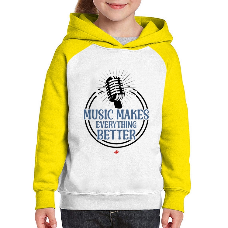 Moletom Infantil Music makes everything better - Branco/Amarelo