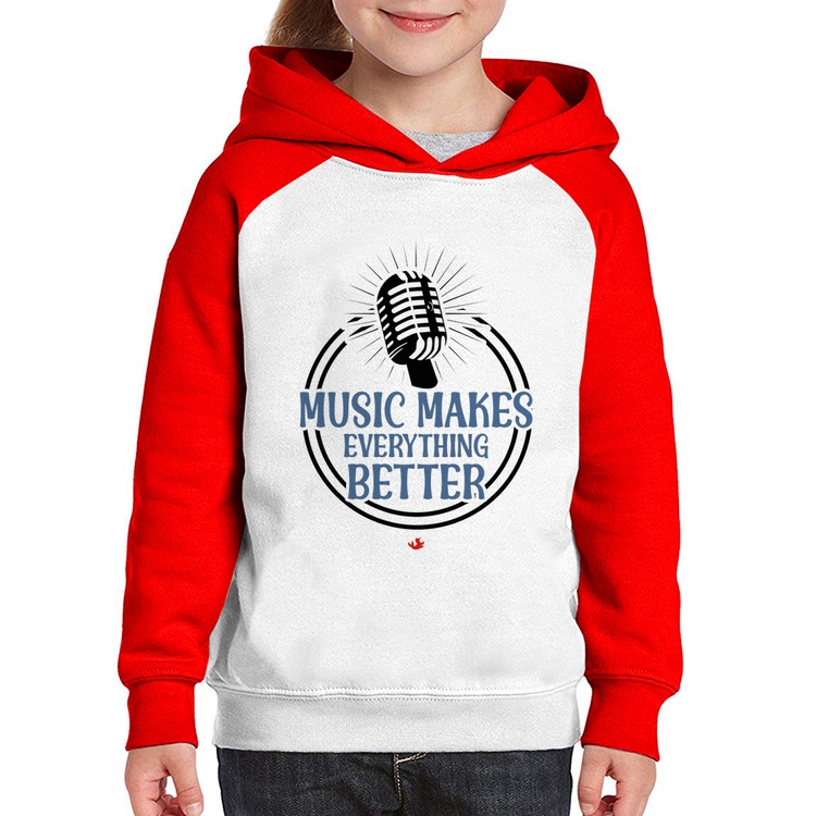 Moletom Infantil Music makes everything better - Branco/Vermelho