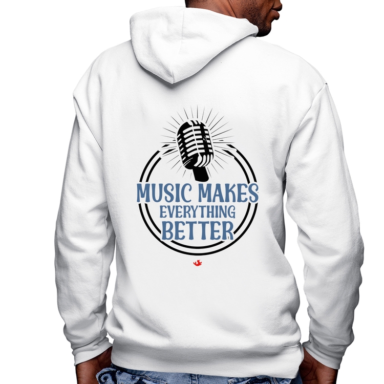 Blusa Moletom Music makes everything better Masculina com Capuz e Zíper - Branca