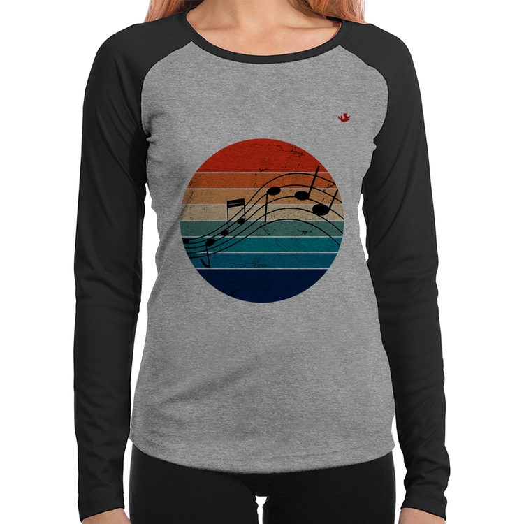 Baby Look Raglan Música Vintage Sunset Manga Longa - Cinza/Preto