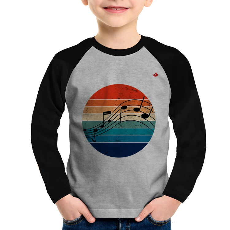 Camiseta Raglan Infantil Música Vintage Sunset Manga Longa - Cinza/Preto
