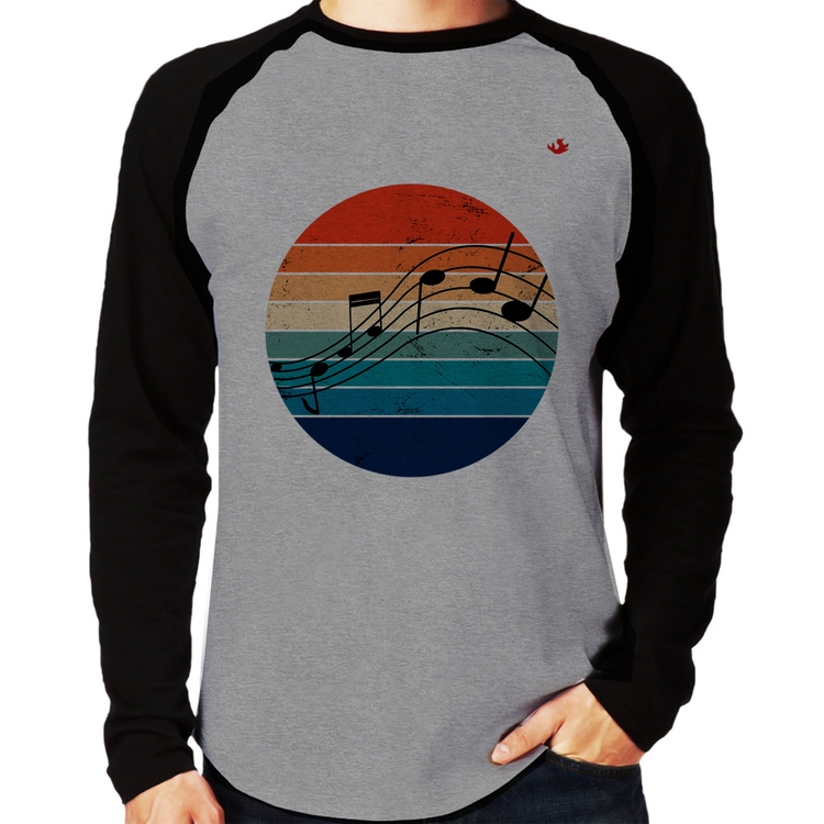 Camiseta Raglan Música Vintage Sunset Manga Longa - Cinza/Preto