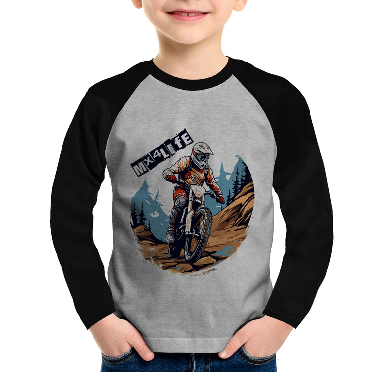 Camiseta Raglan Infantil MX4Life Manga Longa - Cinza/Preto