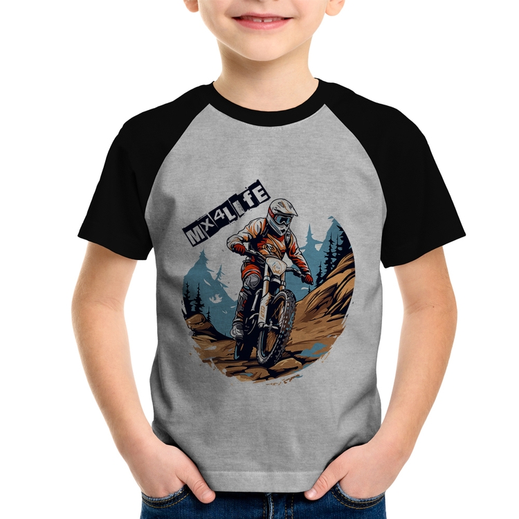 Camiseta Raglan Infantil MX4Life - Cinza/Preto