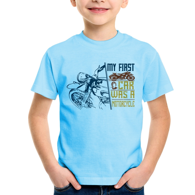 Camiseta Infantil My First Car Was A Motorcycle - Azul Bebê