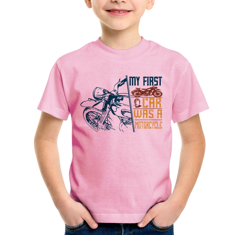 Camiseta Infantil My First Car Was A Motorcycle - Rosa Bebê