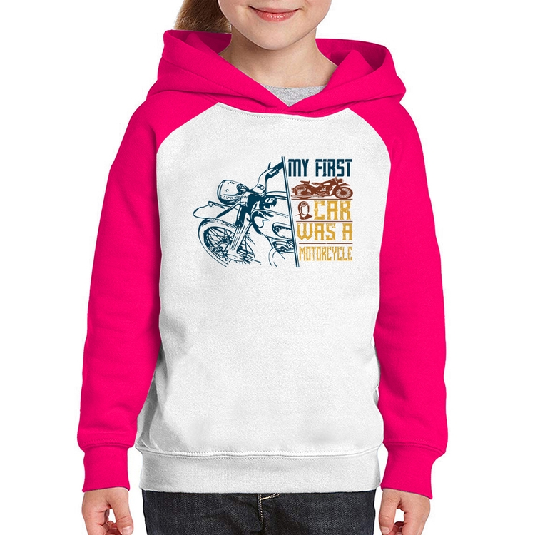 Moletom Infantil My First Car Was A Motorcycle - Branco/Rosa