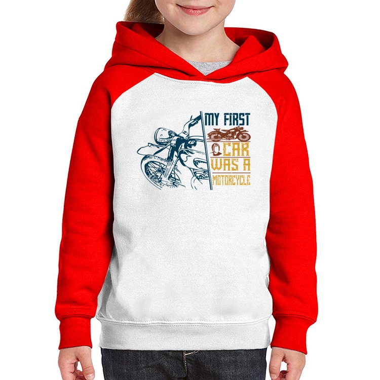 Moletom Infantil My First Car Was A Motorcycle - Branco/Vermelho