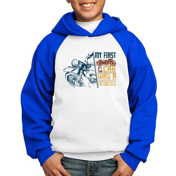 Moletom Infantil My First Car Was A Motorcycle - Branco/Azul