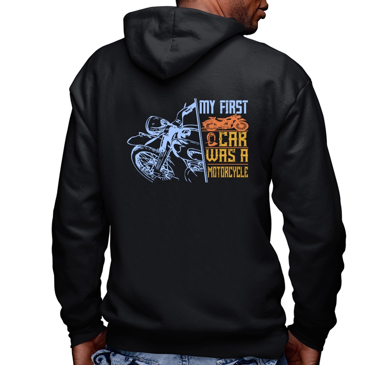 Blusa Moletom My First Car Was A Motorcycle Masculina com Capuz e Zíper