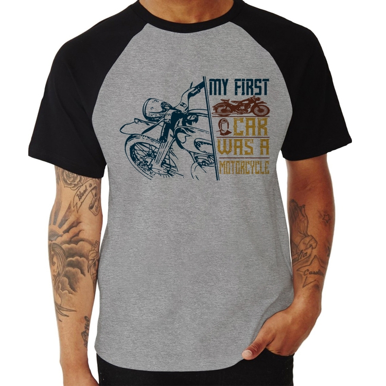 Camiseta Raglan My First Car Was A Motorcycle - Cinza/Preto