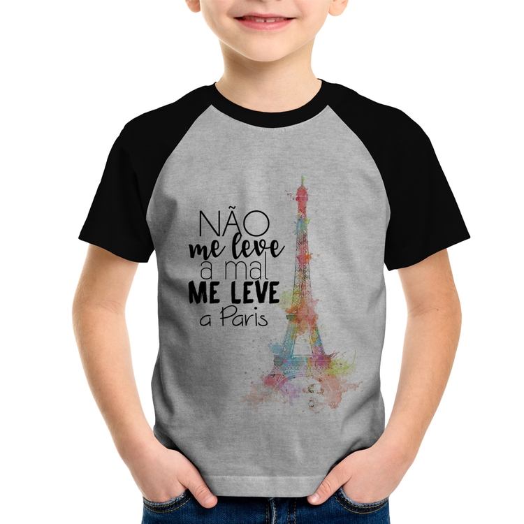 Camiseta Raglan Infantil Não me leve a mal, me leve a Paris - Cinza/Preto