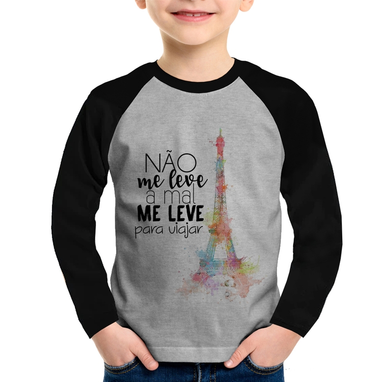 Camiseta Raglan Infantil Não me leve a mal, me leve para viajar Manga Longa - Cinza/Preto
