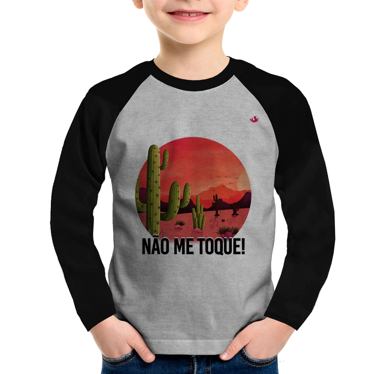 Camiseta Raglan Infantil Não me toque! Manga Longa - Cinza/Preto