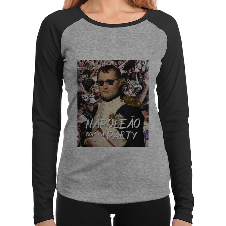 Baby Look Raglan Napoleão bom na party Manga Longa - Cinza/Preto