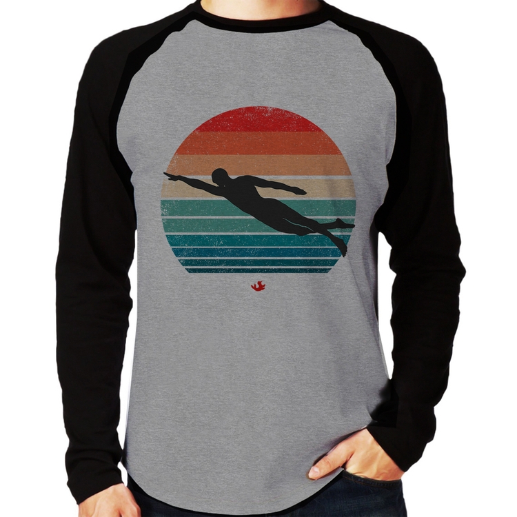 Camiseta Raglan Nadador Vintage Sunset Manga Longa - Cinza/Preto