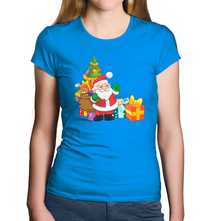 Baby Look Algodão Natal Papai Noel - Azul