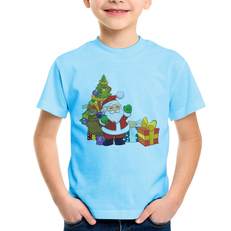 Camiseta Infantil Natal Papai Noel - Azul Bebê
