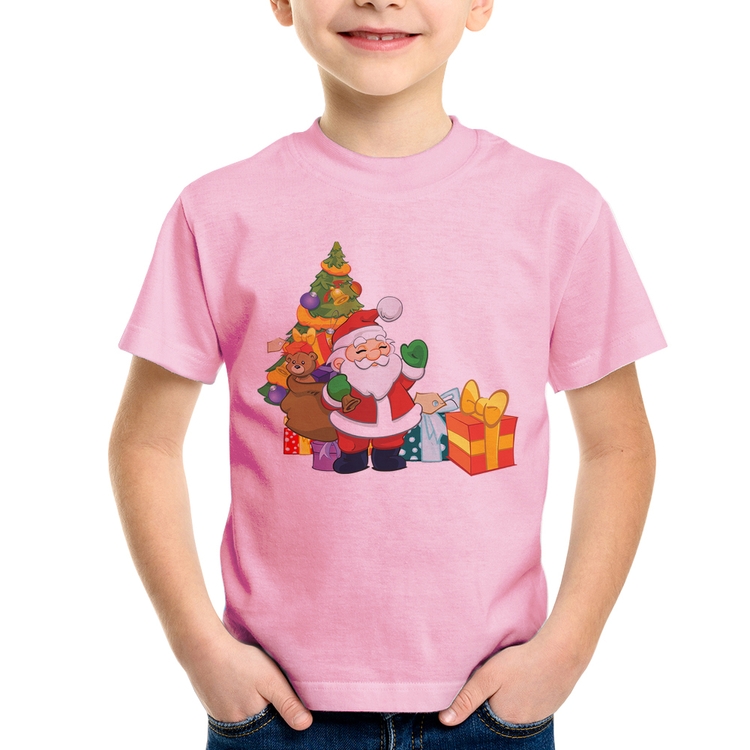 Camiseta Infantil Natal Papai Noel - Rosa Bebê