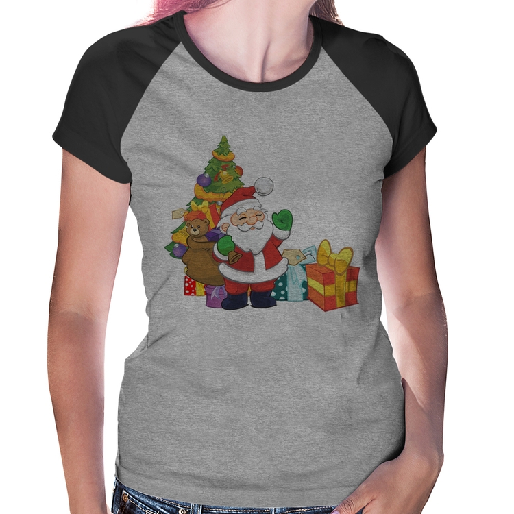 Baby Look Raglan Natal Papai Noel - Cinza/Preto