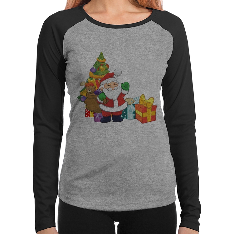 Baby Look Raglan Natal Papai Noel Manga Longa - Cinza/Preto
