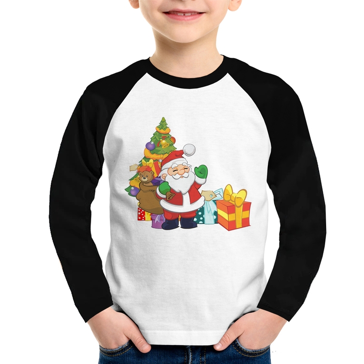 Camiseta Raglan Infantil Natal Papai Noel Manga Longa