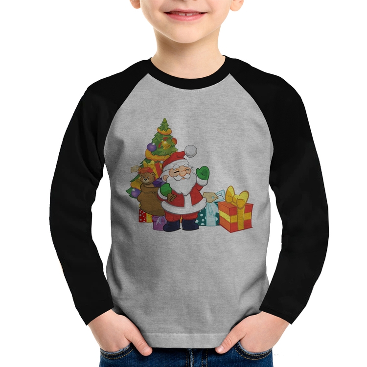 Camiseta Raglan Infantil Natal Papai Noel Manga Longa - Cinza/Preto