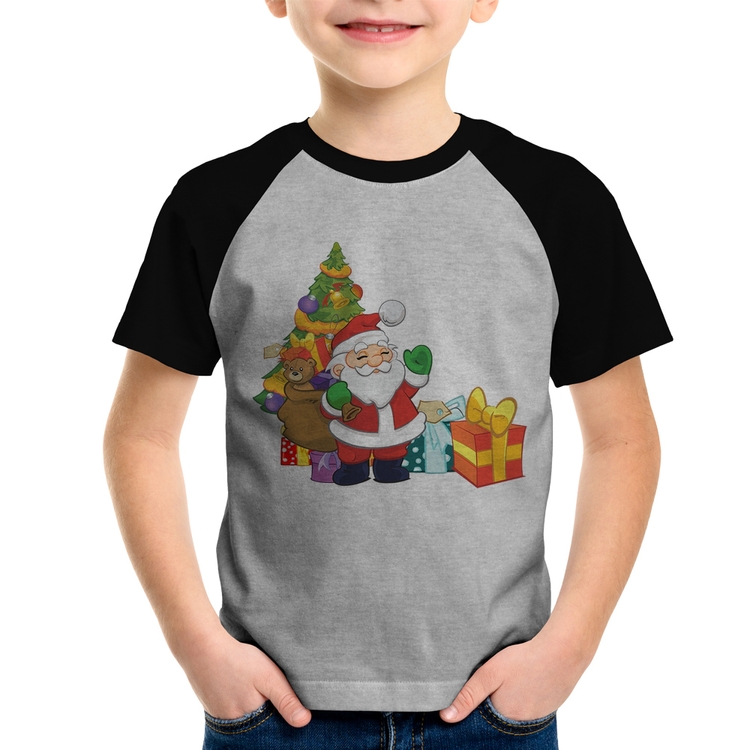 Camiseta Raglan Infantil Natal Papai Noel - Cinza/Preto