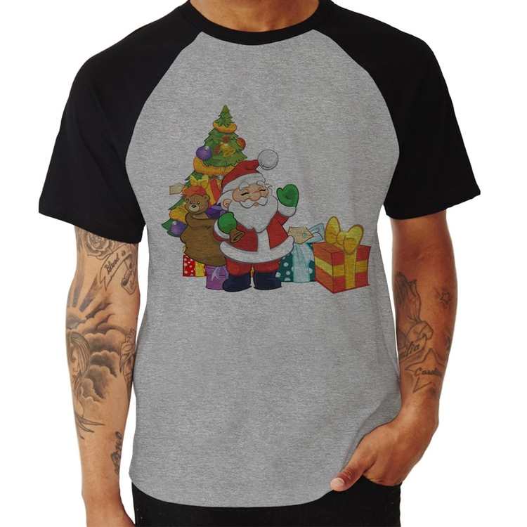 Camiseta Raglan Natal Papai Noel - Cinza/Preto