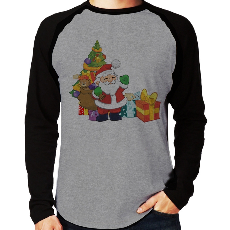 Camiseta Raglan Natal Papai Noel Manga Longa - Cinza/Preto