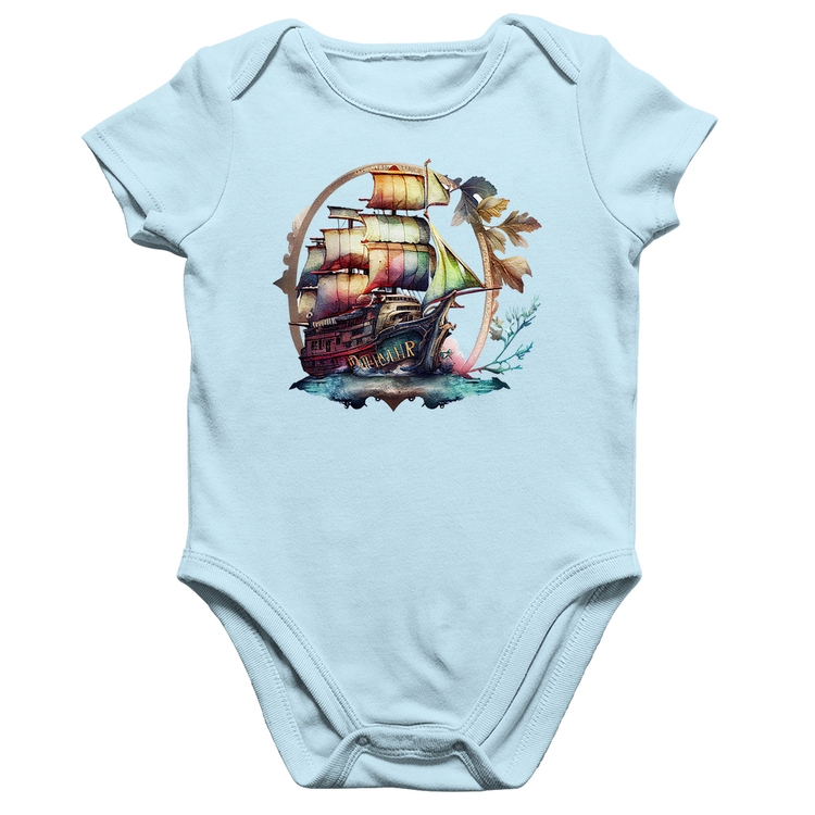 Body Bebê Algodão Navio e Flores - Azul Bebê