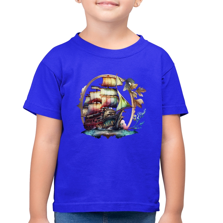Camiseta Algodão Infantil Navio e Flores - Azul Royal