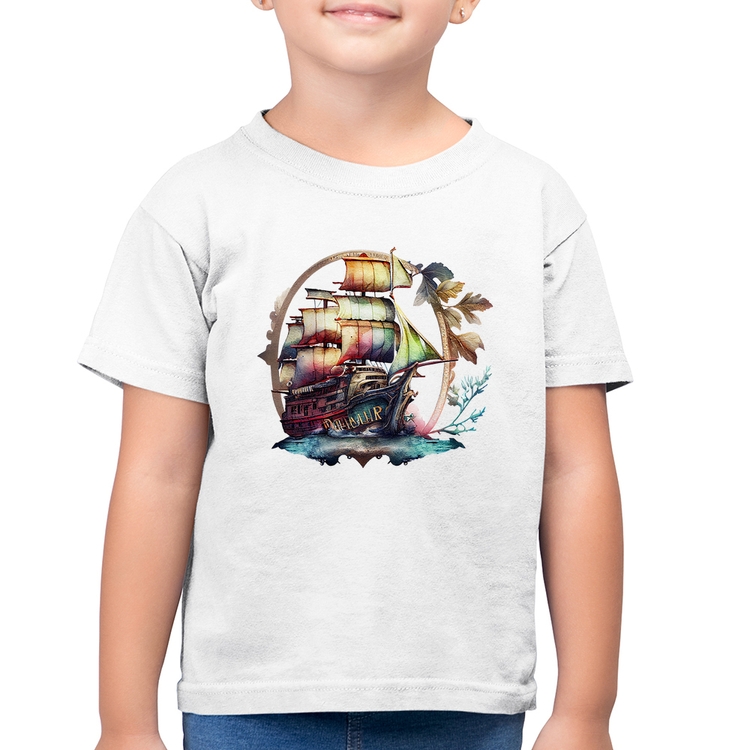 Camiseta Algodão Infantil Navio e Flores - Branca