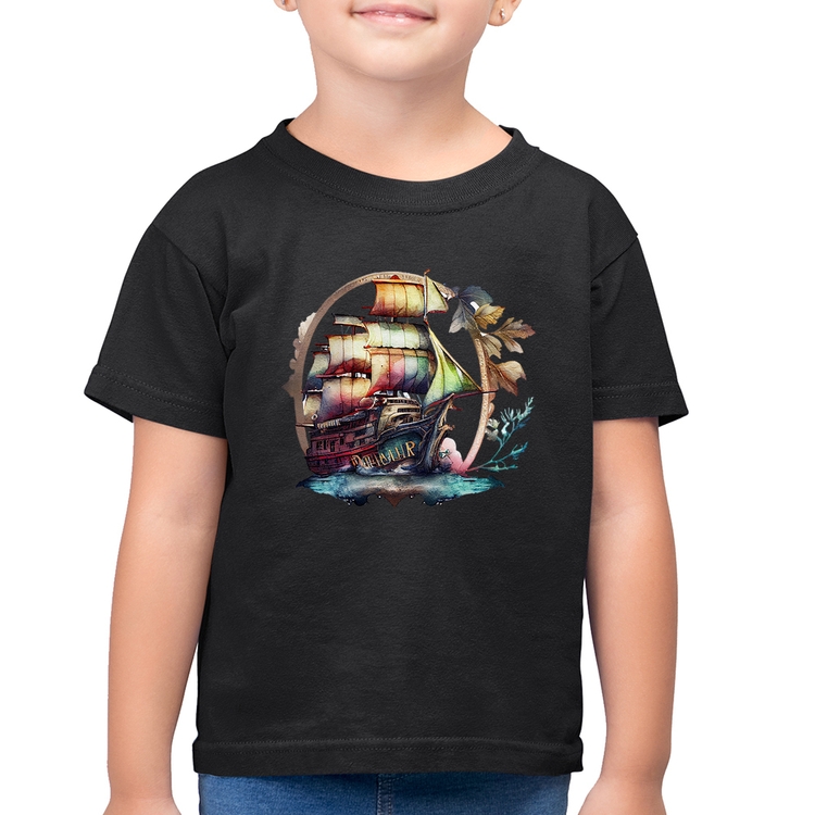 Camiseta Algodão Infantil Navio e Flores