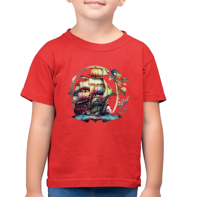 Camiseta Algodão Infantil Navio e Flores - Vermelha