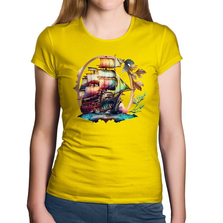 Baby Look Algodão Navio e Flores - Amarela